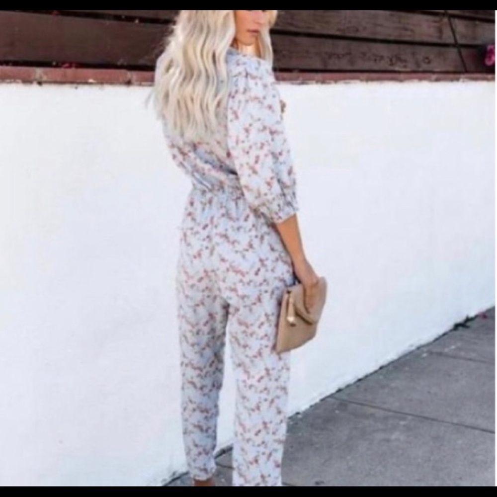 Vici Floral Wrap Long Sleeve Jumpsuit in Pastel Blue